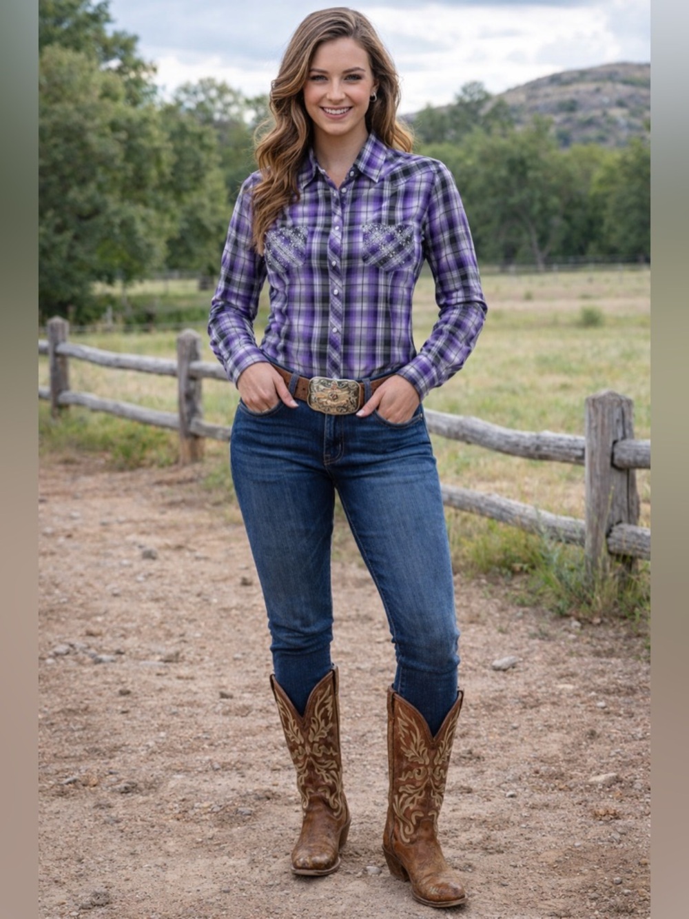 Rock & Roll Cowgirl Purple Plaid Button Down Shirt